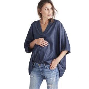 Hatch Chambray Notched Vneck Short Sleeve Blouse Womens Maternity One Size
